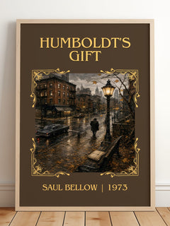 Humboldt's Gift Classic Book Art Print by Saul Bellow – framed print leaning on a wooden floor
