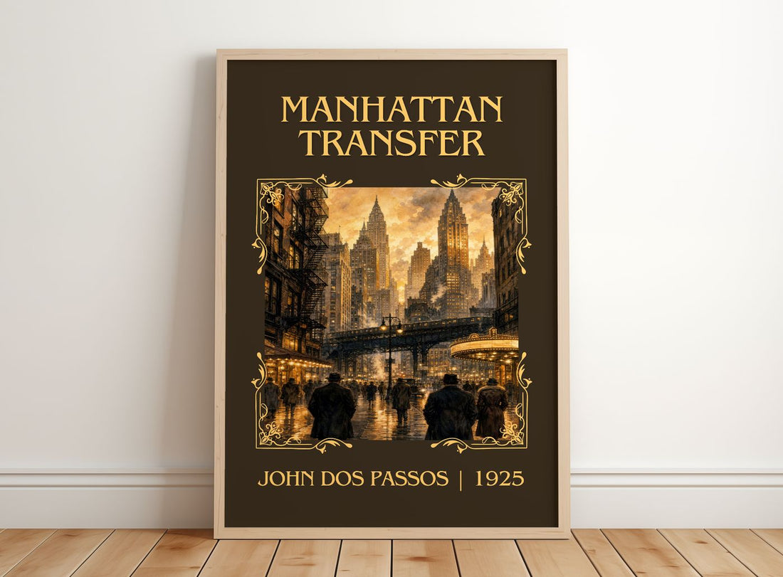 Manhattan Transfer Classic Book Art Print by John Dos Passos – framed print leaning on a wooden floor