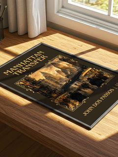 Manhattan Transfer Classic Book Art Print by John Dos Passos – print on a sunlit desk