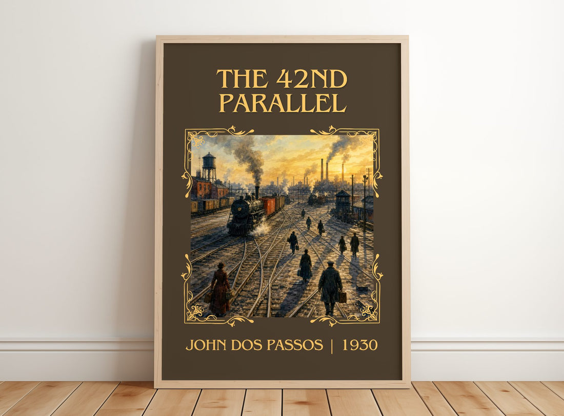 The 42nd Parallel Classic Book Art Print by John Dos Passos – framed print leaning on a wooden floor