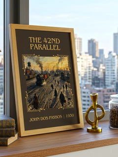 The 42nd Parallel Classic Book Art Print by John Dos Passos – framed print on a city-view windowsill