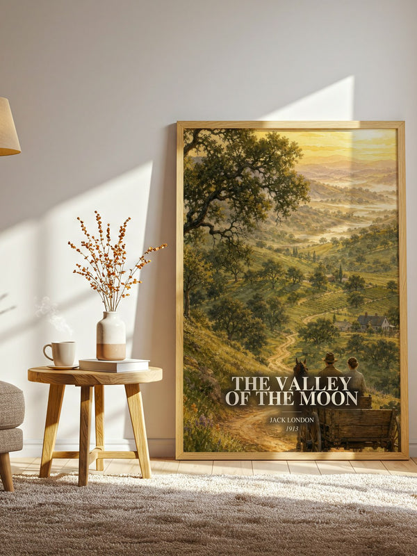 The Valley Of The Moon watercolour print in frame leaning in hallway – literary fiction wall art