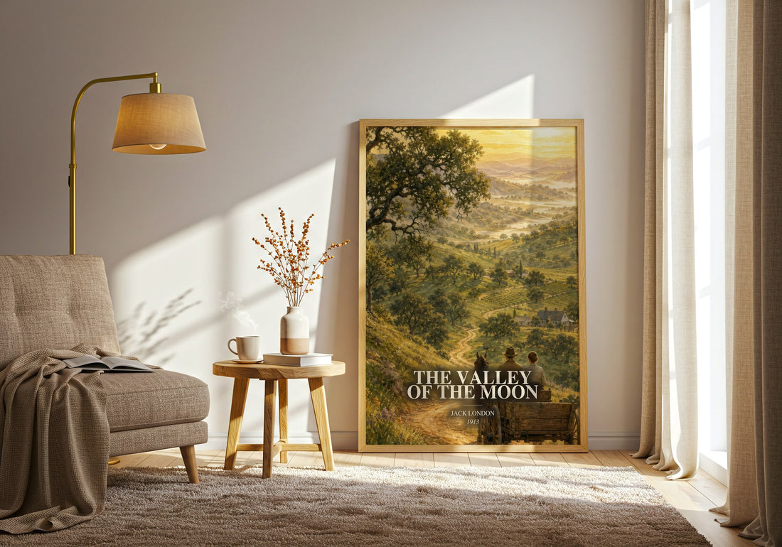 The Valley Of The Moon watercolour print in frame leaning in hallway – literary fiction wall art (mockup)