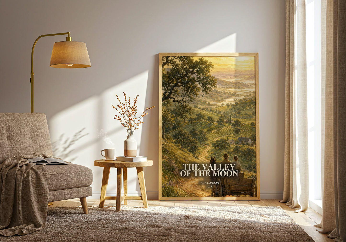 The Valley Of The Moon watercolour print in frame leaning in hallway – literary fiction wall art