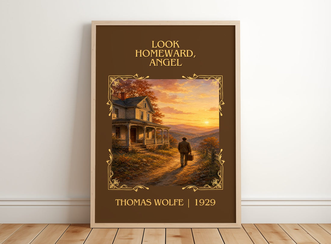 Look Homeward, Angel Classic Book Art Print by Thomas Wolfe – framed print leaning on a wooden floor
