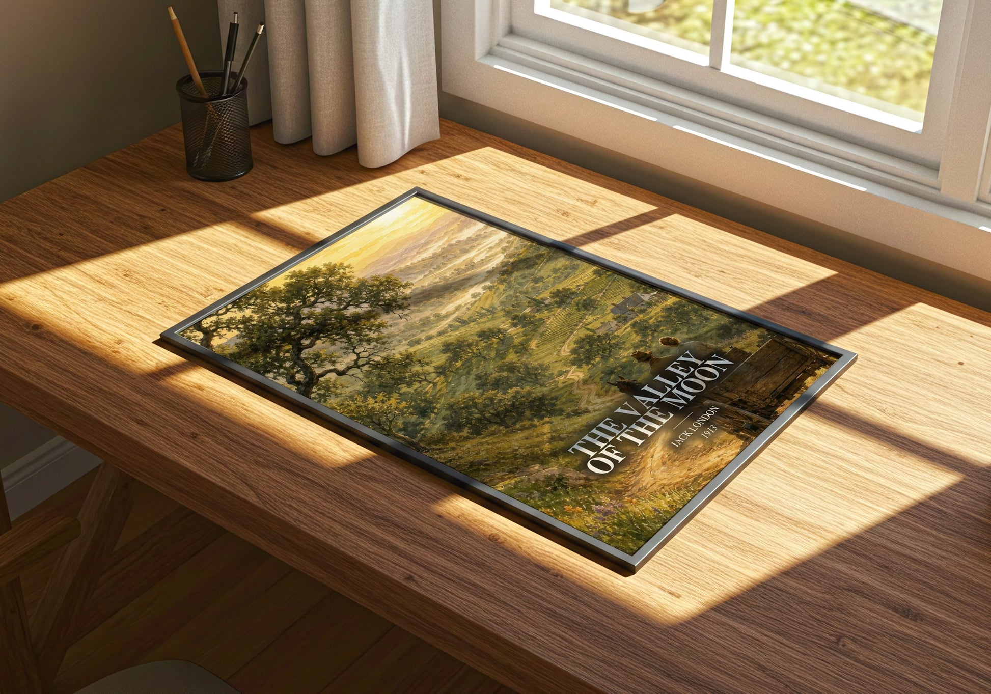 The Valley Of The Moon watercolour book poster framed on wall – literary fiction wall art
