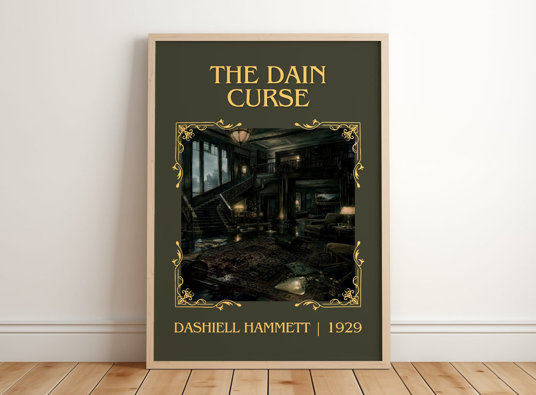 The Dain Curse Classic Book Art Print by Dashiell Hammett – framed print leaning on a wooden floor