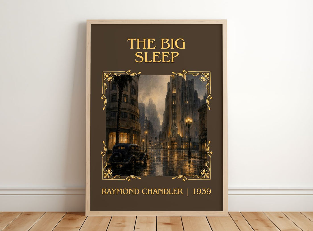 The Big Sleep Classic Book Art Print by Raymond Chandler – framed print leaning on a wooden floor