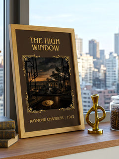 The High Window Classic Book Art Print by Raymond Chandler – framed print on a city-view windowsill