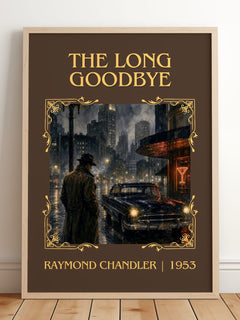 The Long Goodbye Classic Book Art Print by Raymond Chandler – framed print leaning on a wooden floor