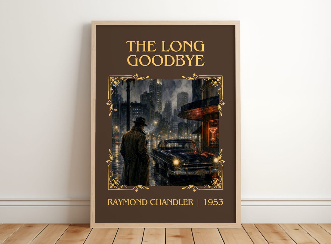 The Long Goodbye Classic Book Art Print by Raymond Chandler – framed print leaning on a wooden floor