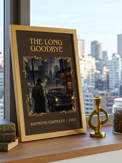 The Long Goodbye Classic Book Art Print by Raymond Chandler – framed print on a city-view windowsill