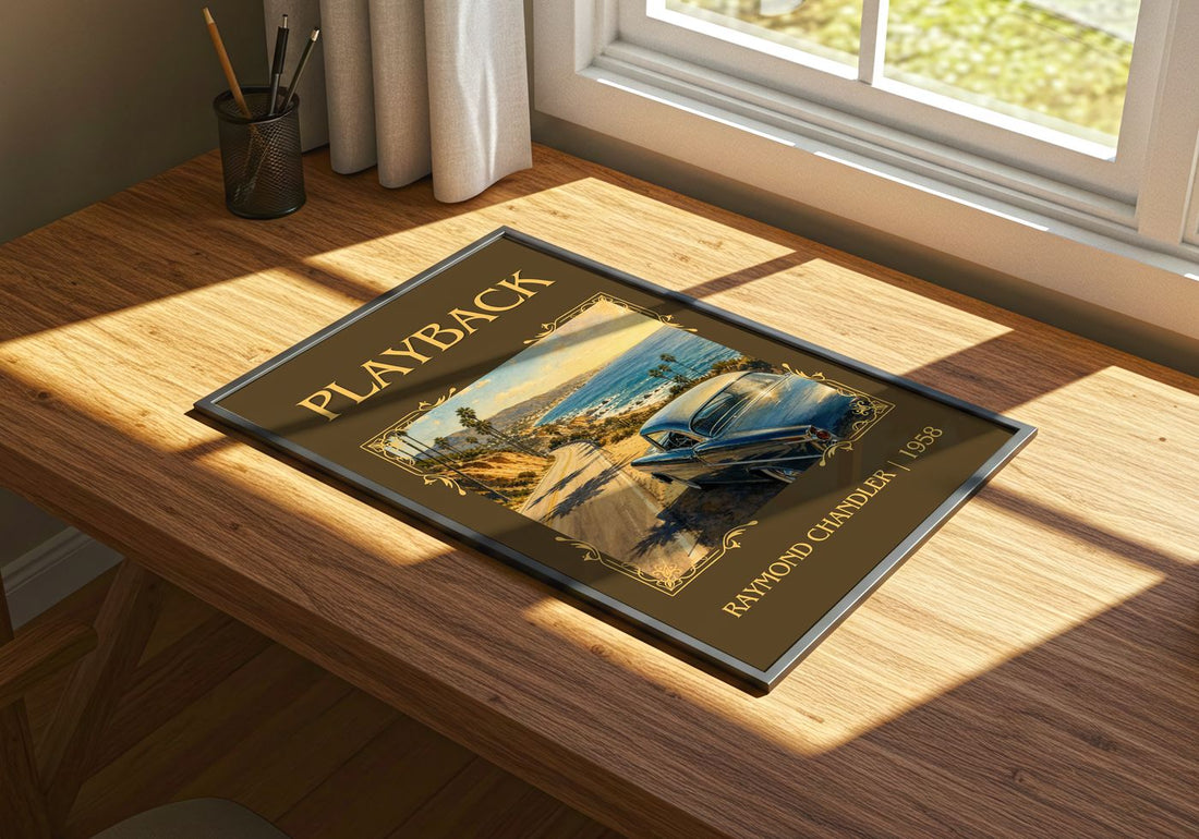Playback Classic Book Art Print by Raymond Chandler – print on a sunlit desk