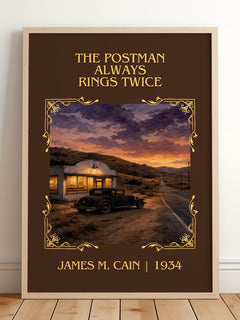 The Postman Always Rings Twice Classic Book Art Print by James M. Cain – framed print leaning on a wooden floor