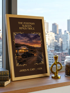 The Postman Always Rings Twice Classic Book Art Print by James M. Cain – framed print on a city-view windowsill