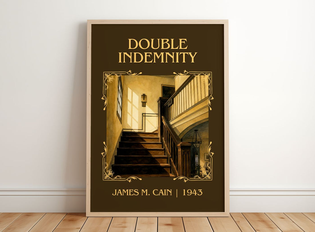 Double Indemnity Classic Book Art Print by James M. Cain – framed print leaning on a wooden floor