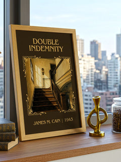 Double Indemnity Classic Book Art Print by James M. Cain – framed print on a city-view windowsill