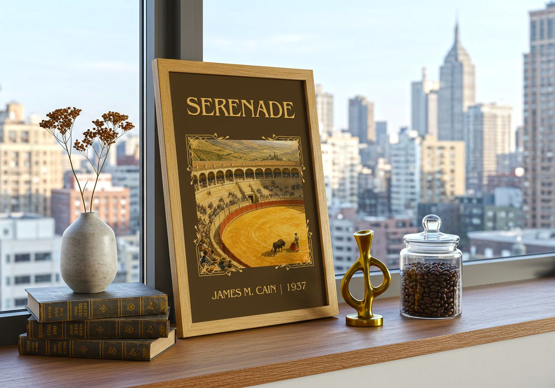 Serenade Classic Book Art Print by James M. Cain – framed print on a city-view windowsill