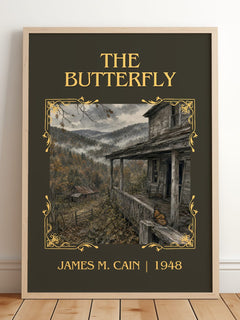 The Butterfly Classic Book Art Print by James M. Cain – framed print leaning on a wooden floor