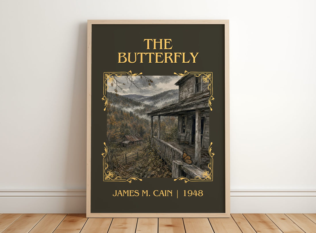 The Butterfly Classic Book Art Print by James M. Cain – framed print leaning on a wooden floor