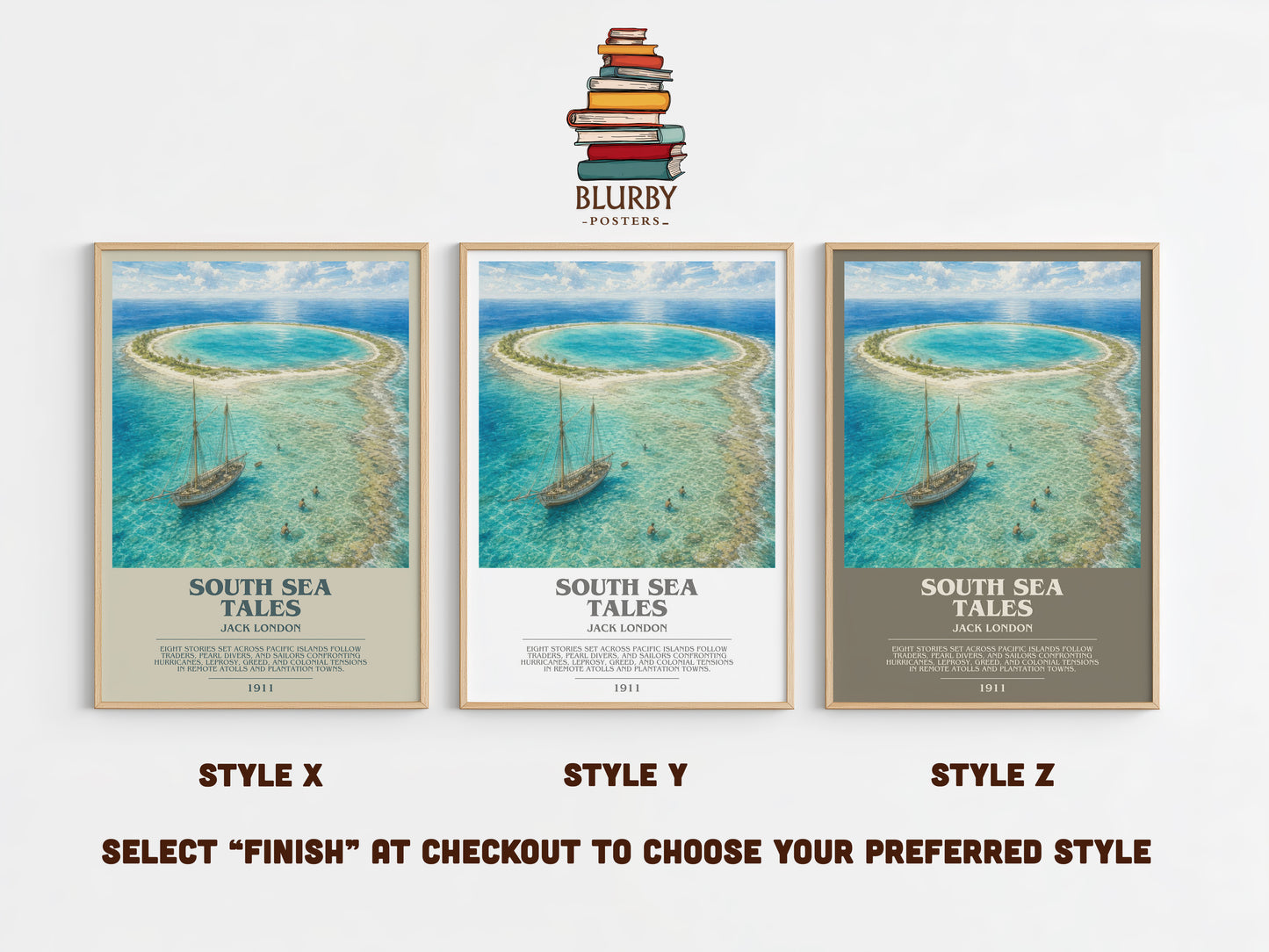 South Sea Tales bookish print in frame leaning in hallway – adventure wall art