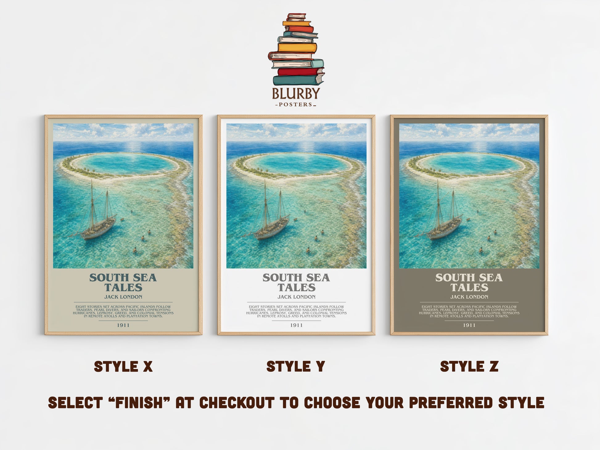 South Sea Tales bookish print in frame leaning in hallway – adventure wall art