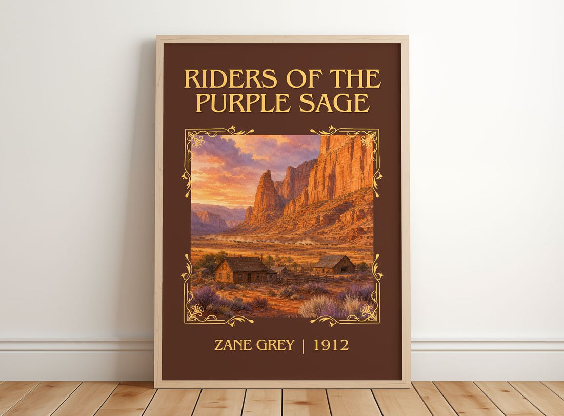 Riders of the Purple Sage Classic Book Art Print by Zane Grey – framed print leaning on a wooden floor