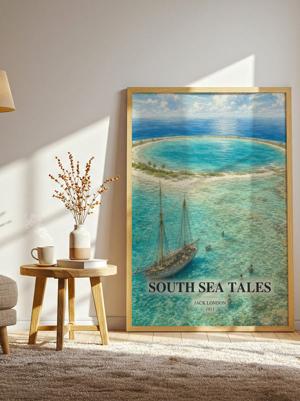 South Sea Tales watercolour print in frame leaning in hallway – adventure wall art