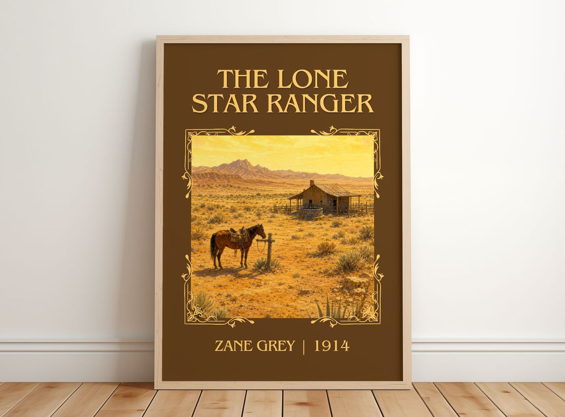 The Lone Star Ranger Classic Book Art Print by Zane Grey – framed print leaning on a wooden floor
