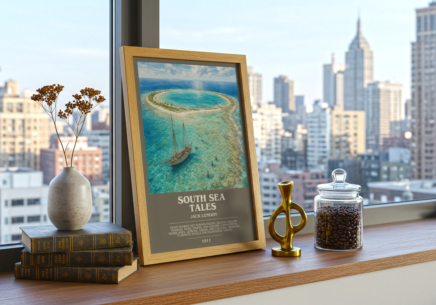 South Sea Tales bookish print framed by window – literary home decor