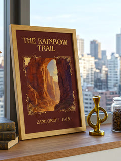 The Rainbow Trail Classic Book Art Print by Zane Grey – framed print on a city-view windowsill