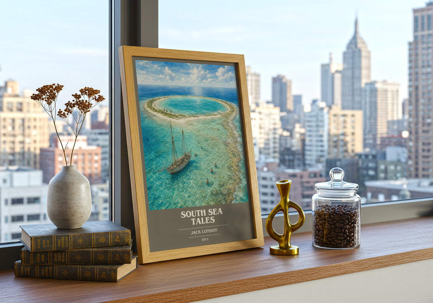South Sea Tales book cover print framed by window – literary home decor