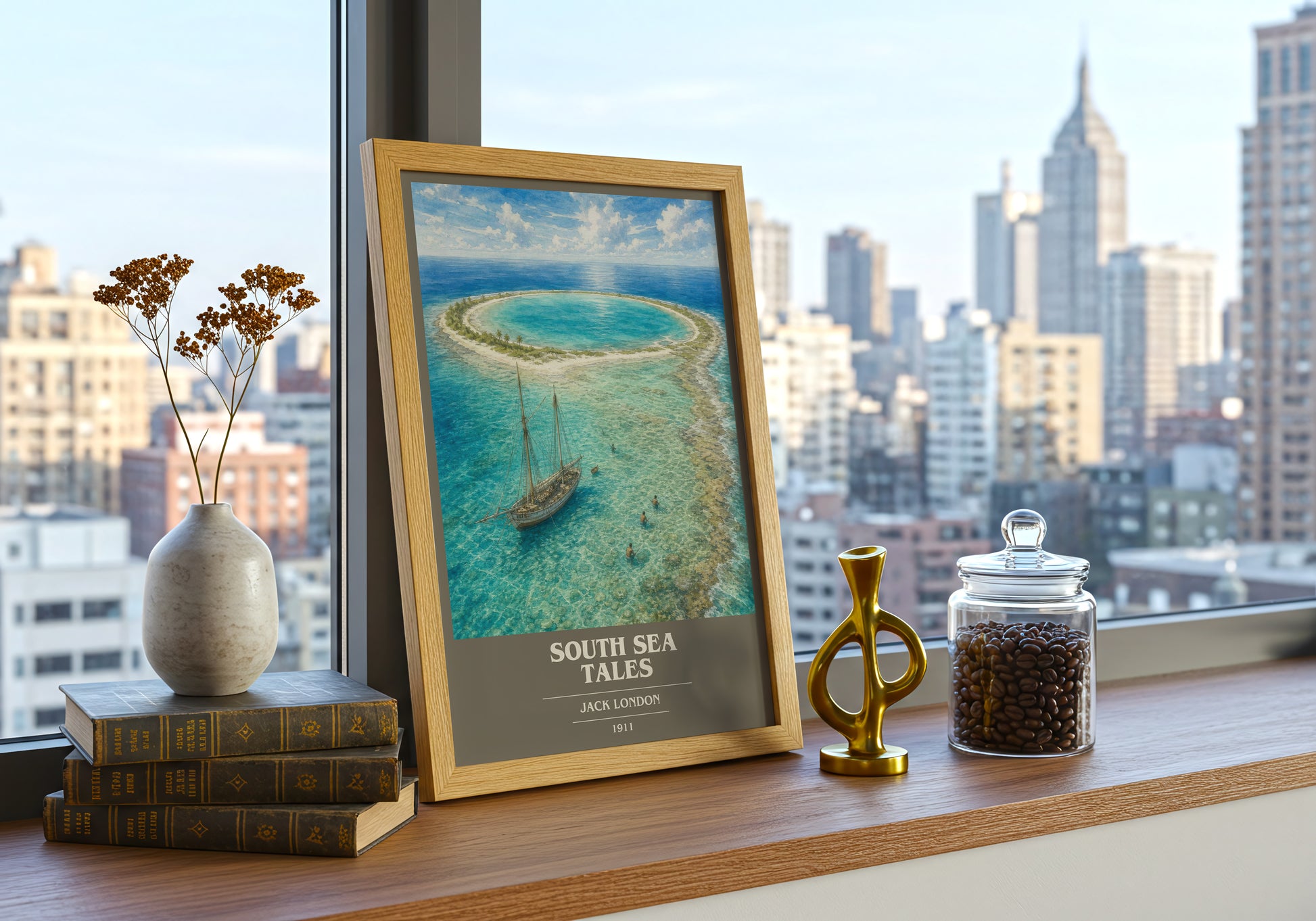 South Sea Tales book cover print framed by window – literary home decor