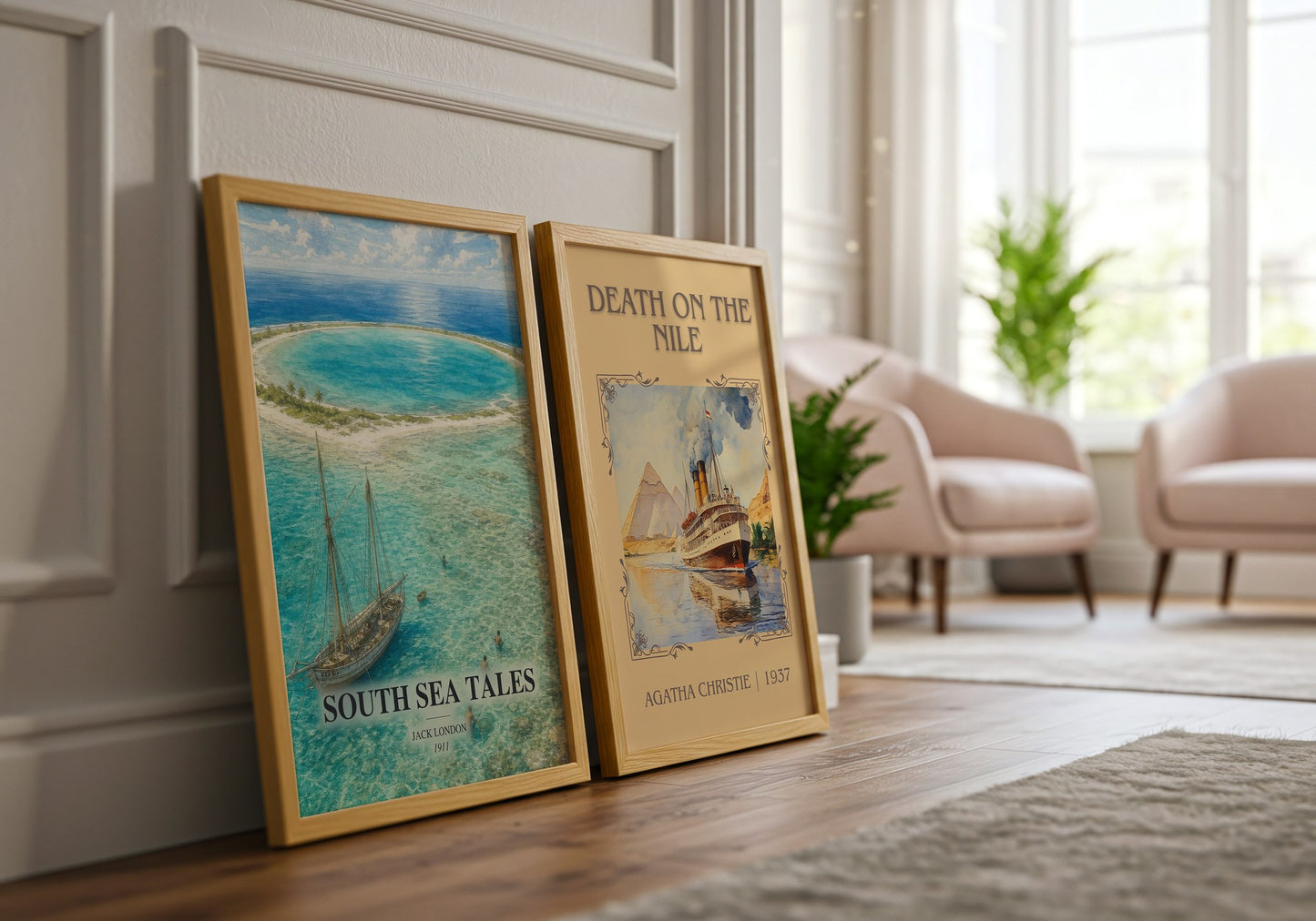 South Sea Tales watercolour print framed by window – literary home decor