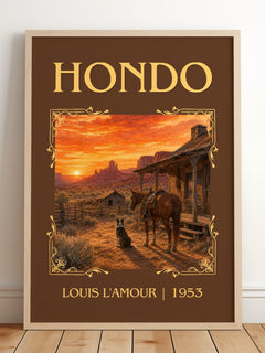 Hondo Classic Book Art Print by Louis L'Amour – framed print leaning on a wooden floor