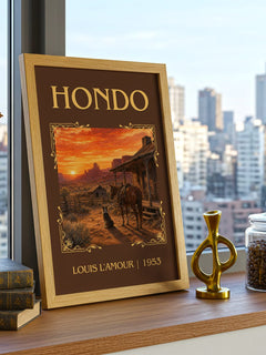 Hondo Classic Book Art Print by Louis L'Amour – framed print on a city-view windowsill