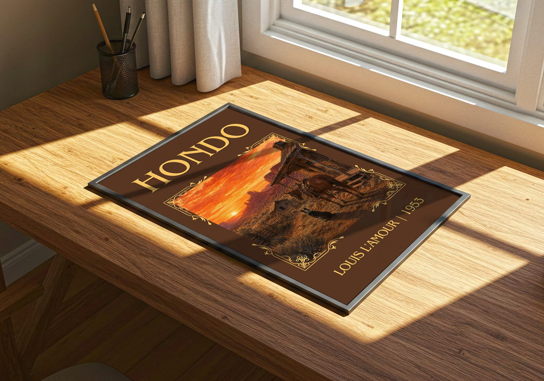 Hondo Classic Book Art Print by Louis L'Amour – print on a sunlit desk