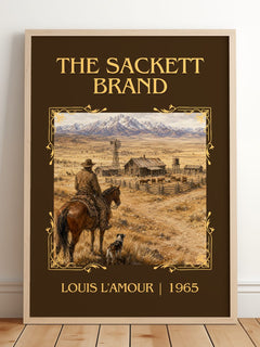 The Sackett Brand Classic Book Art Print by Louis L'Amour – framed print leaning on a wooden floor