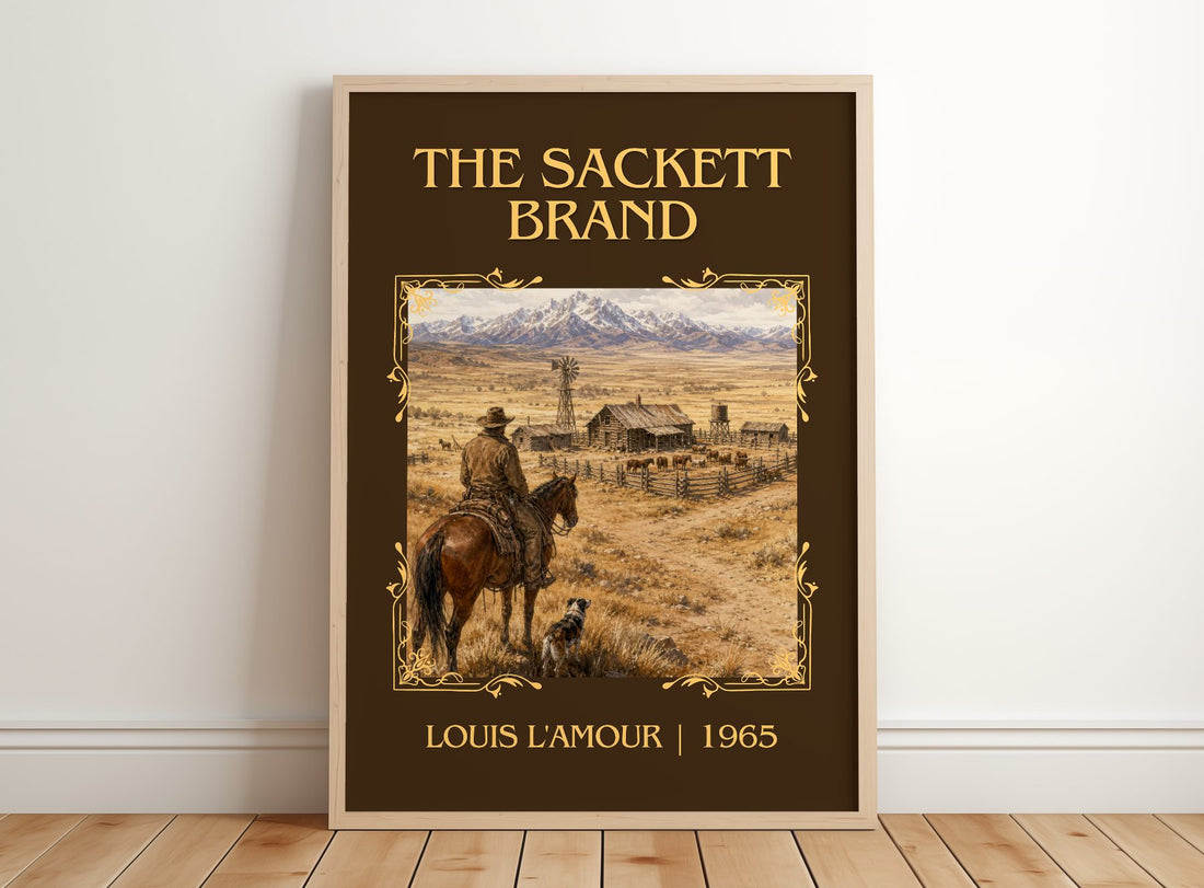 The Sackett Brand Classic Book Art Print by Louis L'Amour – framed print leaning on a wooden floor