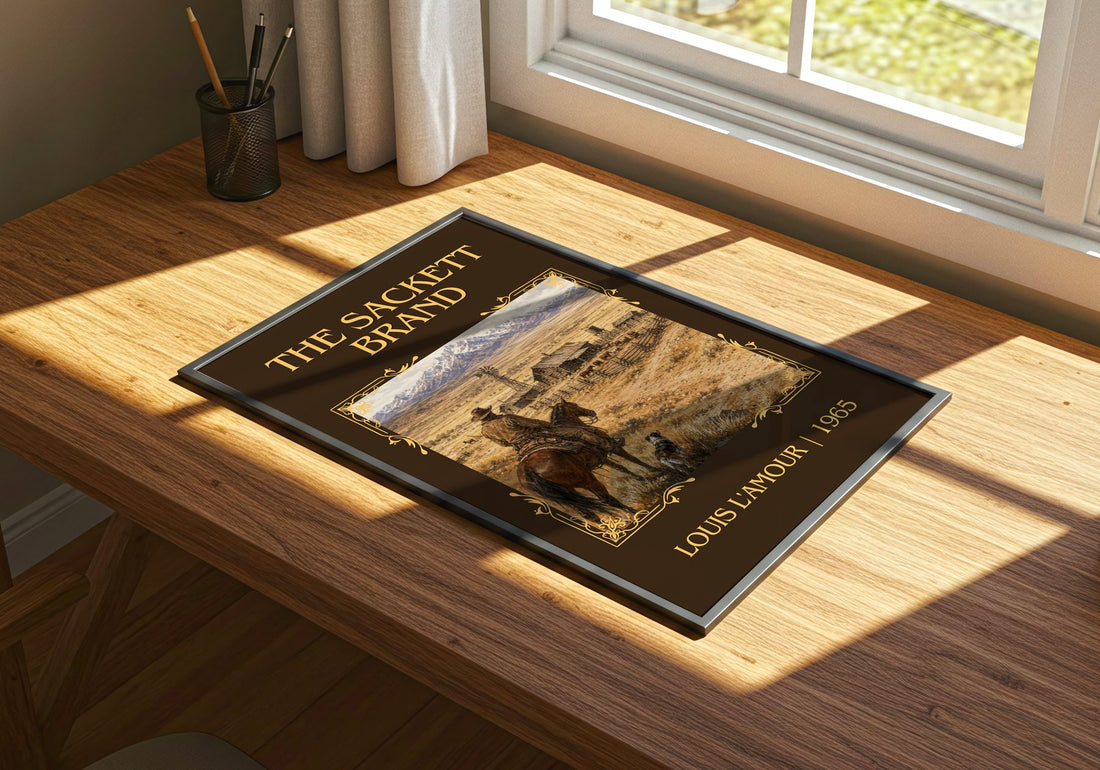 The Sackett Brand Classic Book Art Print by Louis L'Amour – print on a sunlit desk