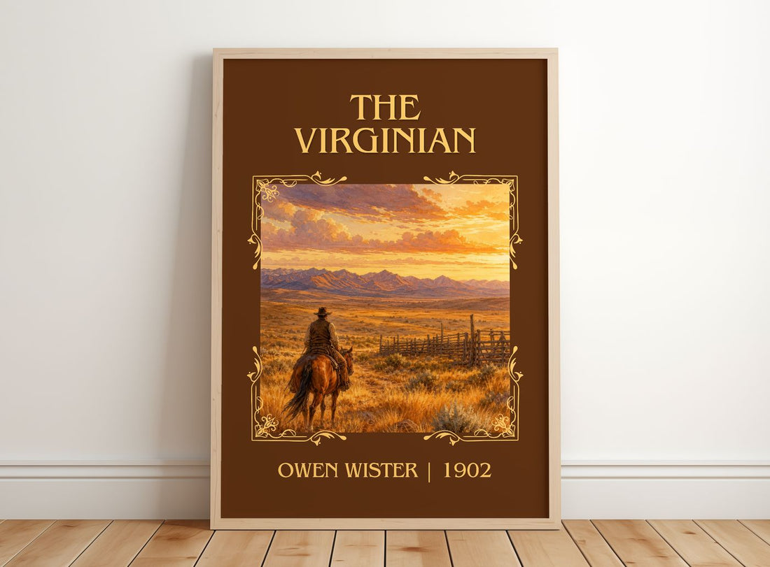 The Virginian Classic Book Art Print by Owen Wister – framed print leaning on a wooden floor