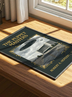 The Puppet Masters Classic Book Art Print by Robert A. Heinlein – print on a sunlit desk