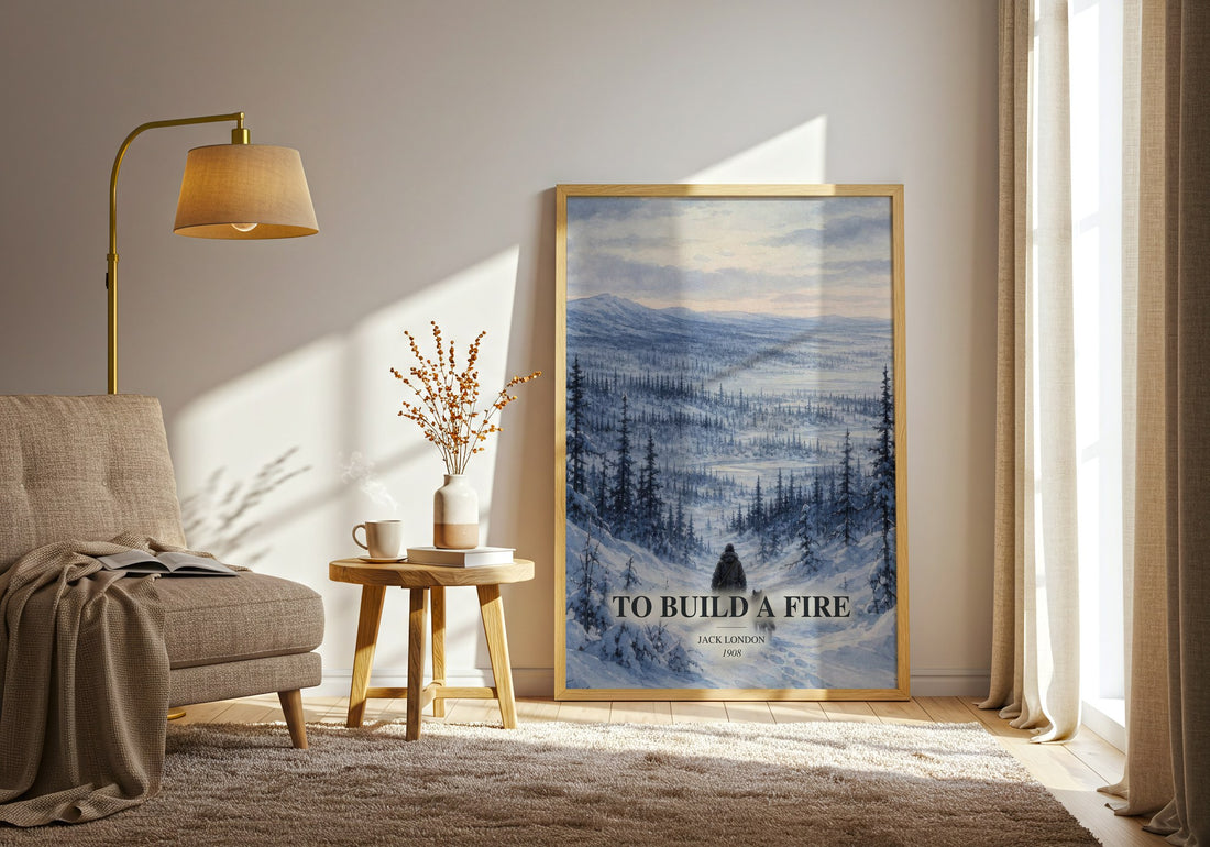 To Build A Fire watercolour print in frame leaning in hallway – adventure wall art (mockup)