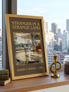 Stranger in a Strange Land Classic Book Art Print by R. Heinlein – framed print on a city-view windowsill