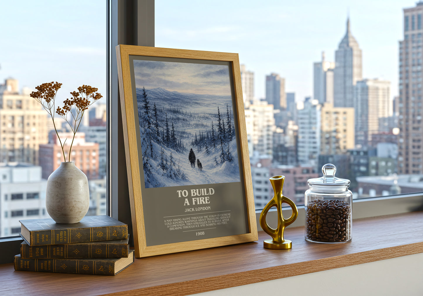 To Build A Fire bookish print framed by window – literary home decor