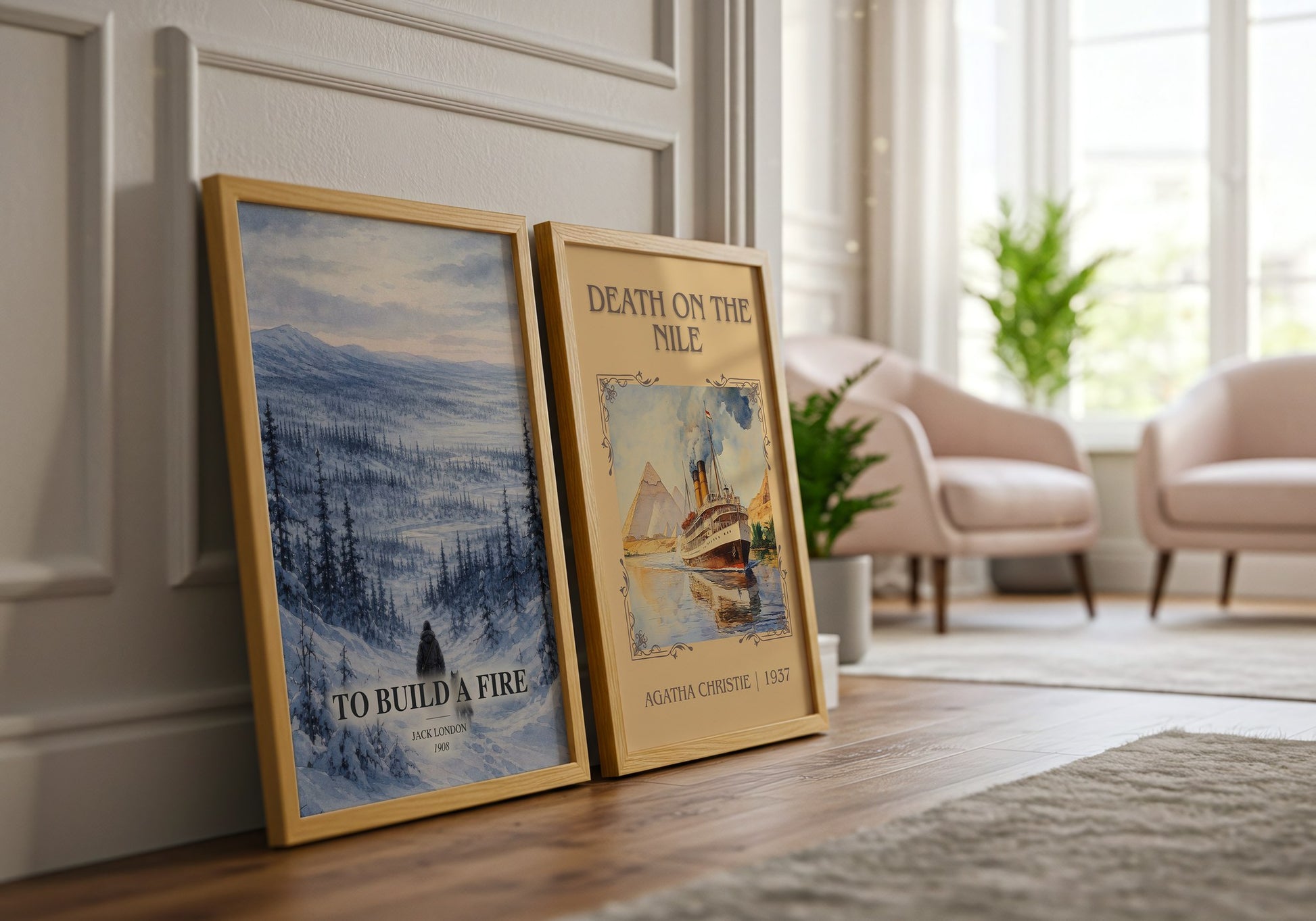 To Build A Fire watercolour print framed by window – literary home decor