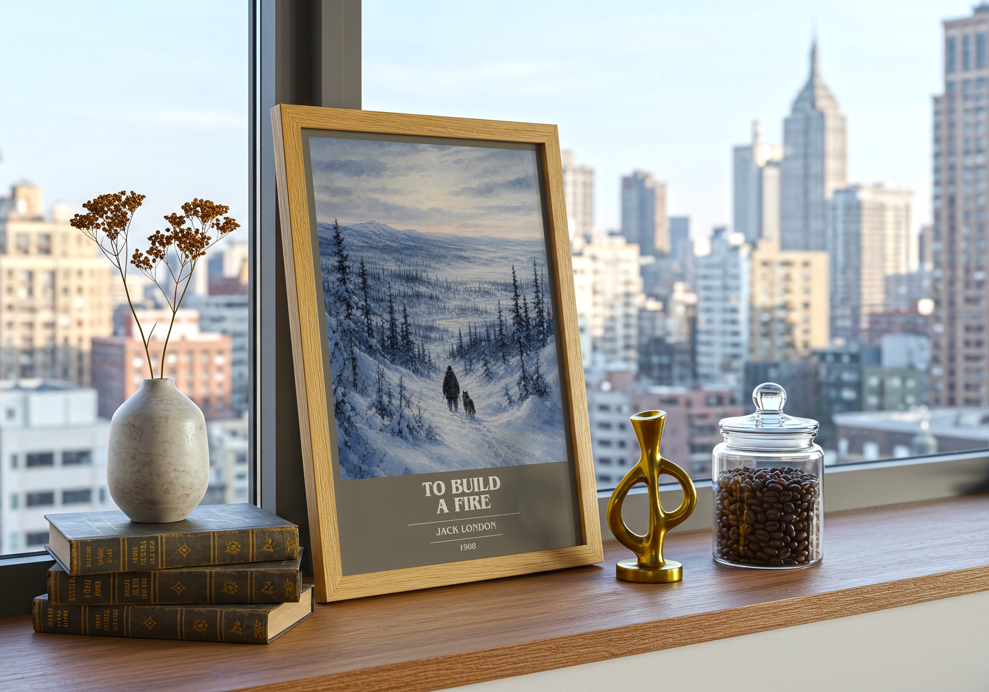 To Build A Fire book cover print framed by window – literary home decor