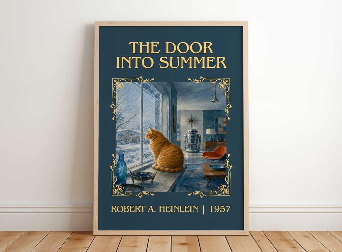 The Door into Summer Classic Book Art Print by Robert A. Heinlein – framed print leaning on a wooden floor