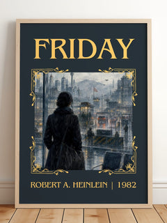 Friday Classic Book Art Print by Robert A. Heinlein – framed print leaning on a wooden floor