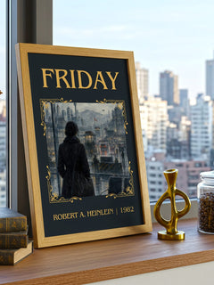 Friday Classic Book Art Print by Robert A. Heinlein – framed print on a city-view windowsill